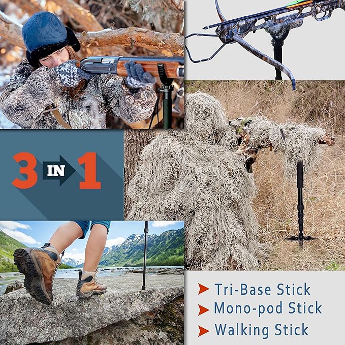 AUSCAMOTEK Rifle Shooting Stick with Tri-Stand Base – Lightweight Aluminum Shotgun Monopod Rest with 360° Swivel Yoke, Adjustable 22"–66", Foldable & Portable Shooting Support