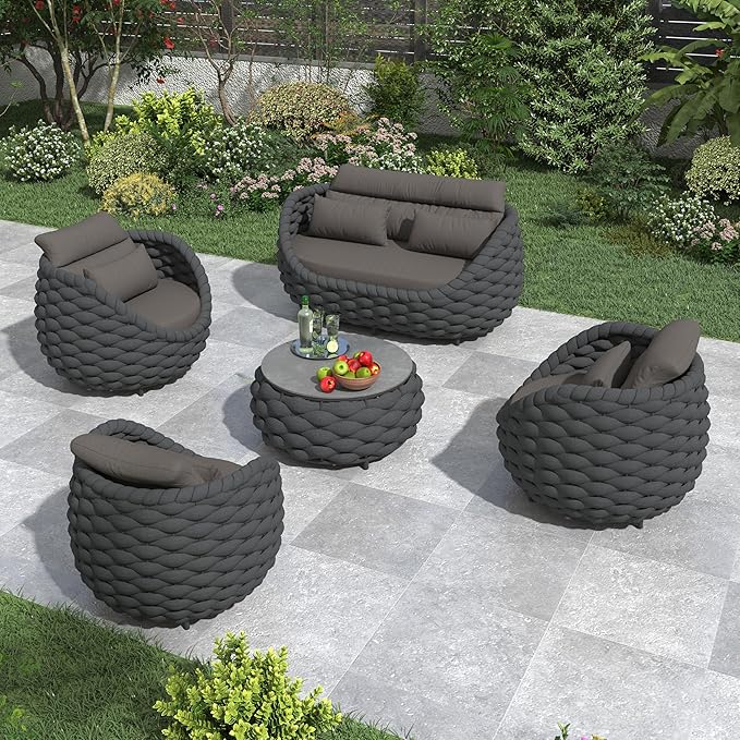Erotr Aluminum Outdoor Seating Set: 5 Pieces Woven Rope Patio Furniture Conversation Set - Modern Deck Loveseat Set Cushioned - Assembled Metal Porch Lounge Set for Yard Garden Lanai Hotel, Dark Grey