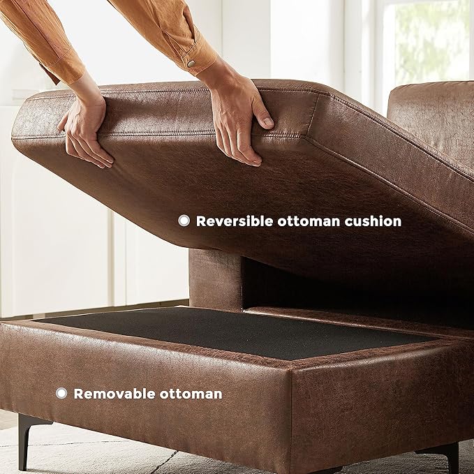 VANOMi 100" Couches for Living Room, Faux Leather Sectional Sofa with Chaise, Convertible L-Shape Sofa & Couches for Living Room,3 Seater, Apartment, Right/Left-L-Shaped, Dark Brown