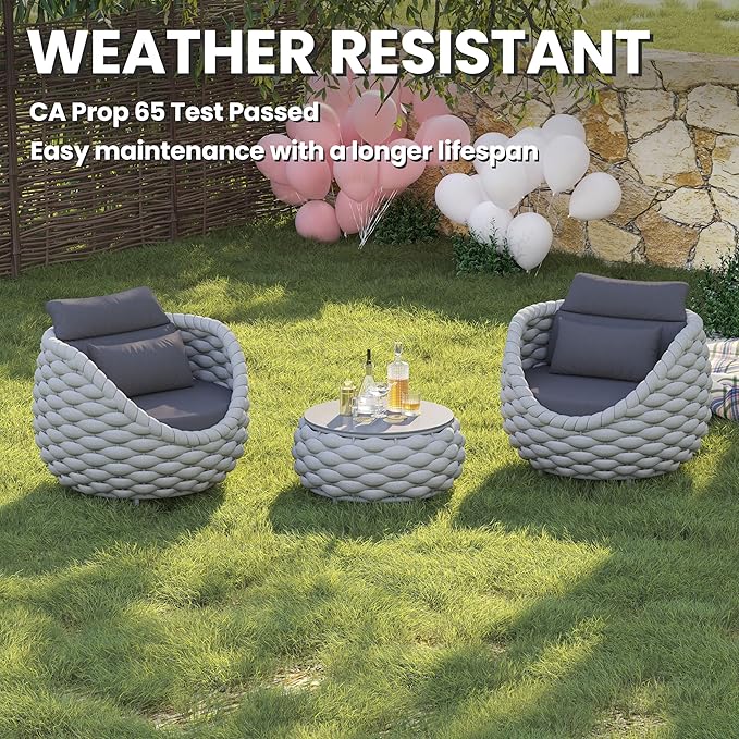 Erotr Front Porch Furniture Set 3 Piece: Aluminum Woven Rope Patio Conversation Sofa Set for 2 - Assembled Outdoor Deck Couch Armchair Set Cushions - for 400lb Balcony Pool Yard Bistro Hotel - Gray