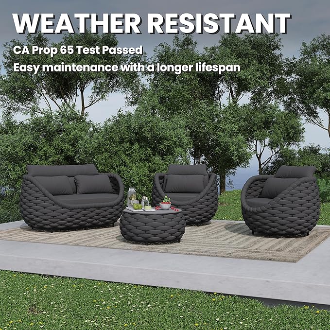 Erotr Rope Outdoor Patio Furniture Set: 6 Pieces Aluminum Porch Conversation Sofa Set - Modern Woven Deck Couch Set Cushioned - No Assembly All Weather for 660lbs Yard Garden Lanai Hotel, Dark Gray