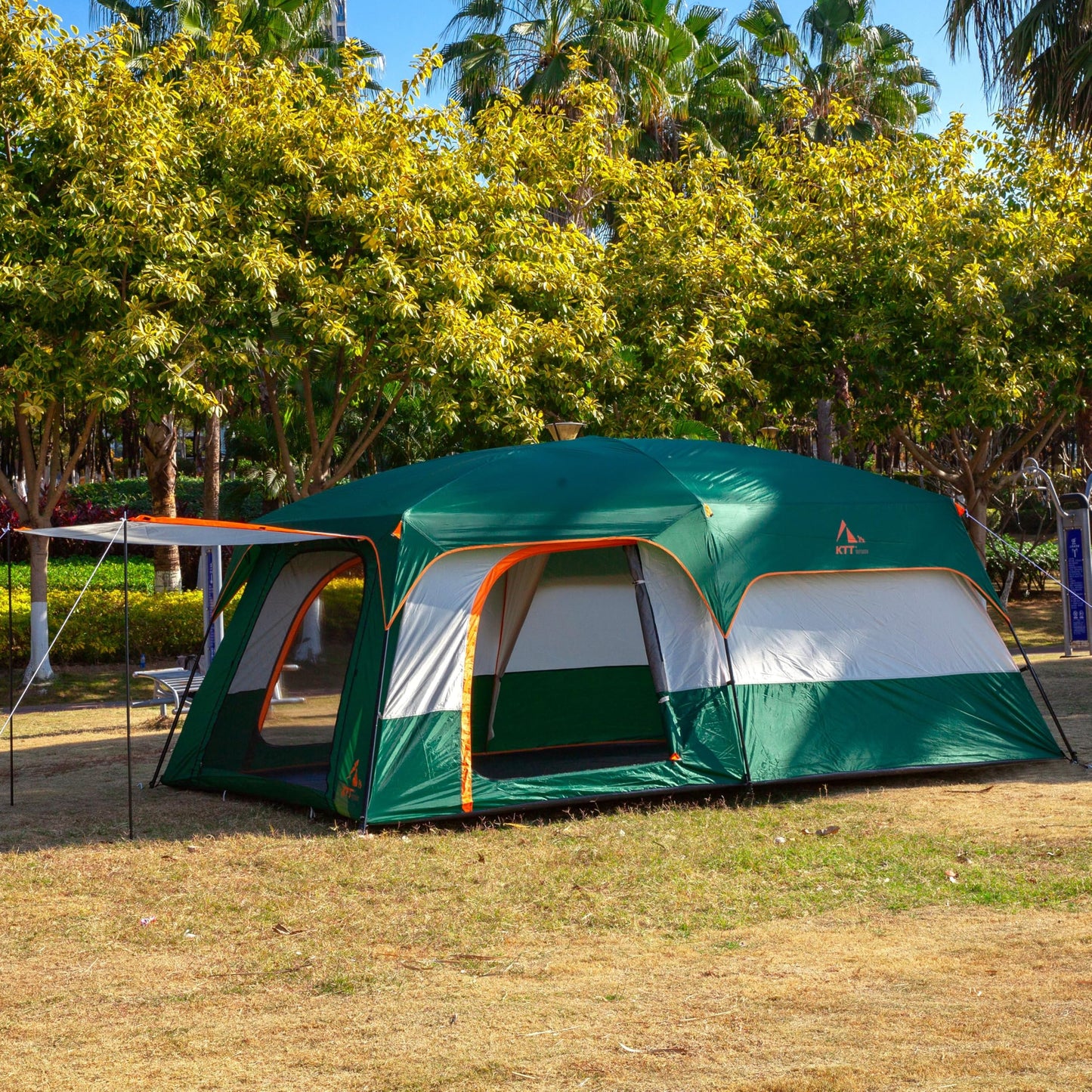 KTT Extra Large Tent 14 Person,Family Cabin Tents,2 Rooms,3 Doors and 3 Windows with Mesh,Straight Wall,Waterproof,Double Layer,Big Tent for Outdoor,Picnic,Camping,Family Gathering(Green)