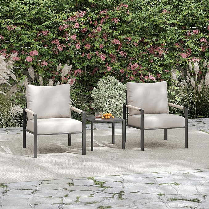 PATIOCHIC 3 Pieces Rattan Outdoor Furniture Set, All-Weather Patio Conversation Set with Warm Grey Cushions and Coffee Table for Garden, Backyard, Balcony, Poolside
