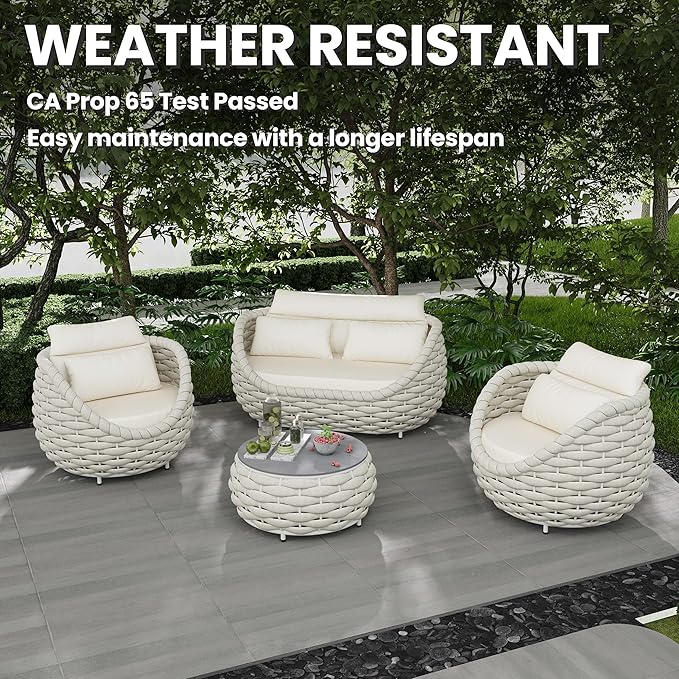 Erotr Metal Backyard Furniture Set: Aluminum Assembled Front Porch 4 Pieces Outdoor Set - Woven Rope Patio Conversation Set Modern - Cushioned Deck Couch Set Garden Sunroom Pool Hotel Resort, Beige
