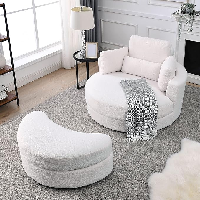 Yoglad Modern Swivel Accent Round Chair, Barrel Sofa with Storage Ottoman, Oversize Lounge Chair, Linen Fabric Round Chair with Pillows, for Living Room, Office (Lvory, 51")