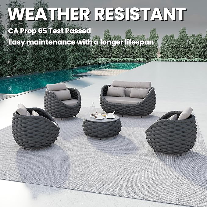 Erotr 4-Piece Alumunim Outdoor Seating Set: All-Weather Patio Accent Furniture Sofa Set, Hand Woven Rope, No Assembly, Modern Garden Lounge Conversation Set for Backyard Deck Porch Poolside Hotel