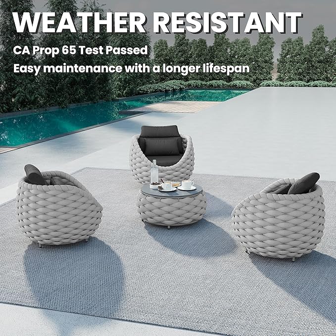 Erotr Balcony Furniture Set for Apartments: 4 Pieces Aluminum Woven Rope Patio Conversation Set - Modern Cushioned Lounge Chair Set - Assembled Porch Armchair for 400lbs Garden Lanai Poolsides Hotel
