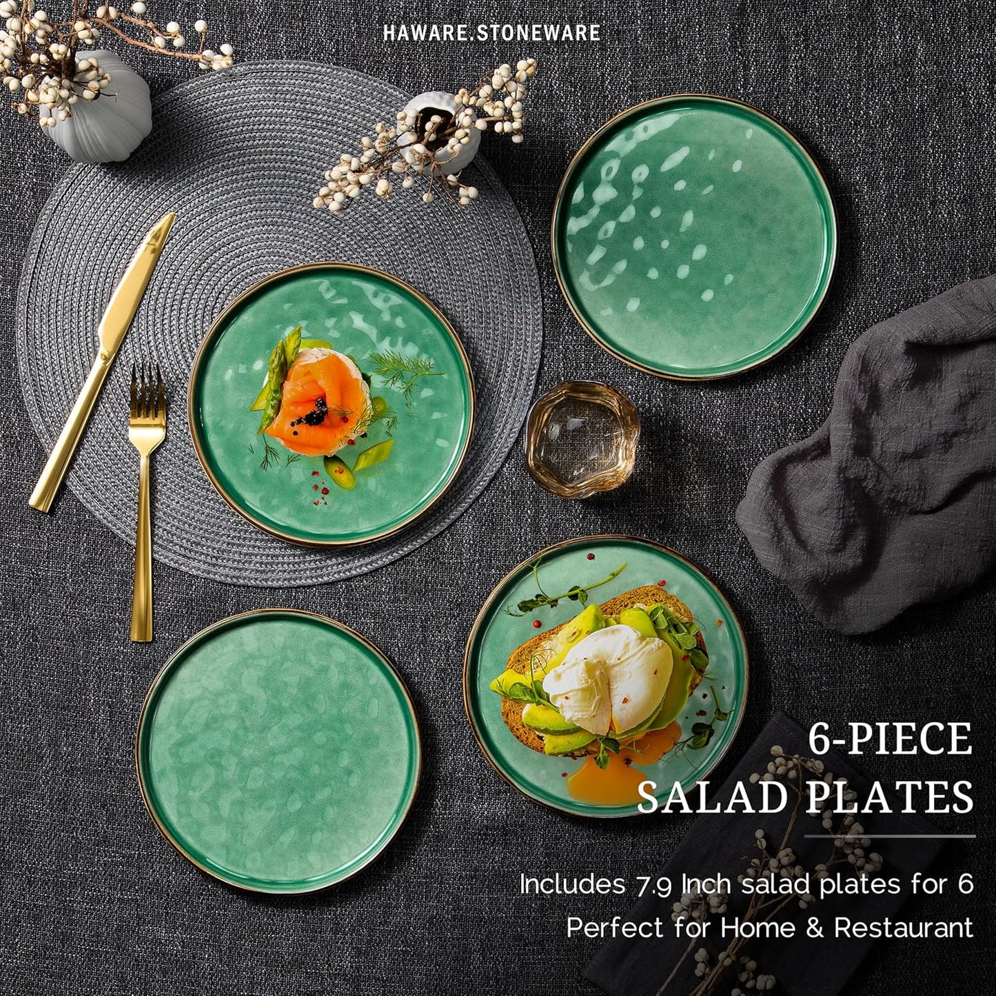 HaWare Stoneware Plates Set of 6, 7.9" Salad Plates, Reactive Glaze Ripple Ceramic Dish Set for Appetizer, Dessert, Scratch Resistant, Small Dinner Plate, Microwave and Dishwasher Safe, Reactive Green