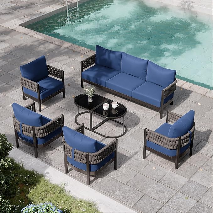 RTDTD Aluminum Patio Furniture Set,7 Pieces HDPE Rope Patio Conversation Sets with Modular Coffee Table,Metal Outdoor Sectional Furniture w/5.9" Thick Cushions for Porch,Deck,Backyard,Navy Blue