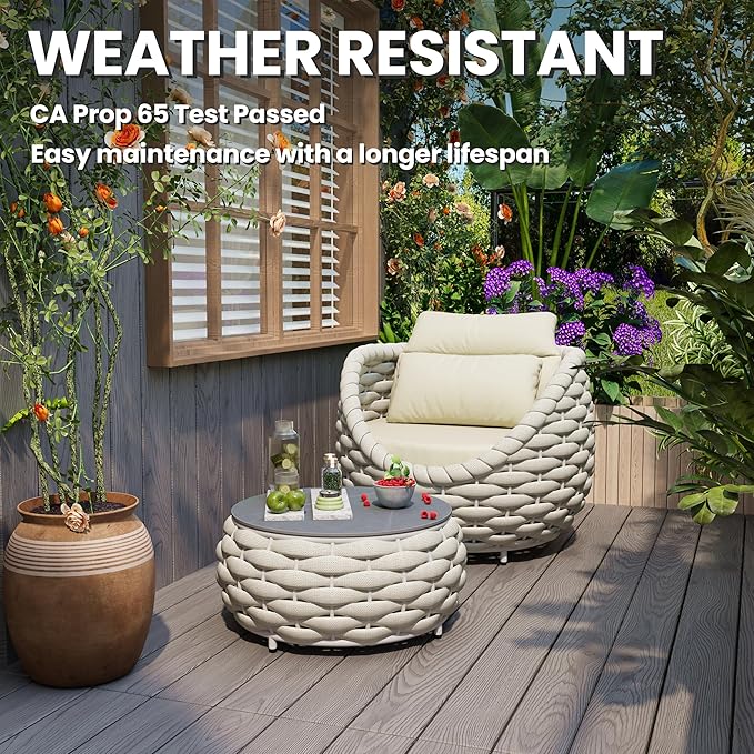 Erotr Woven Rope Patio Chair and Table Set: 2 Pieces Aluminum Front Porch Furniture Set - Assembled Outdoor Deck Lounge Armchair Set Cushioned - for 400 lbs Balcony Pool Yard Garden Hotel Lanai, Beige