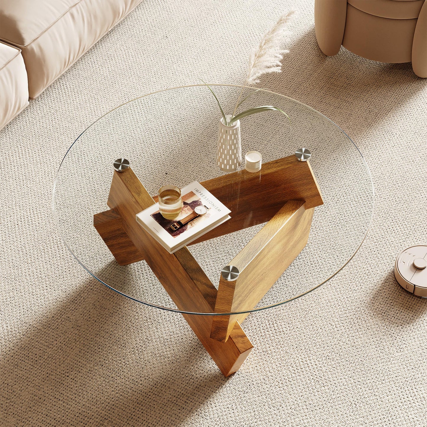 Honyee Morden Rounded Coffee Table, 30.7" x 30.7" x 16.1" Tempered Glass Top for Living Room, Color: Natural Wood