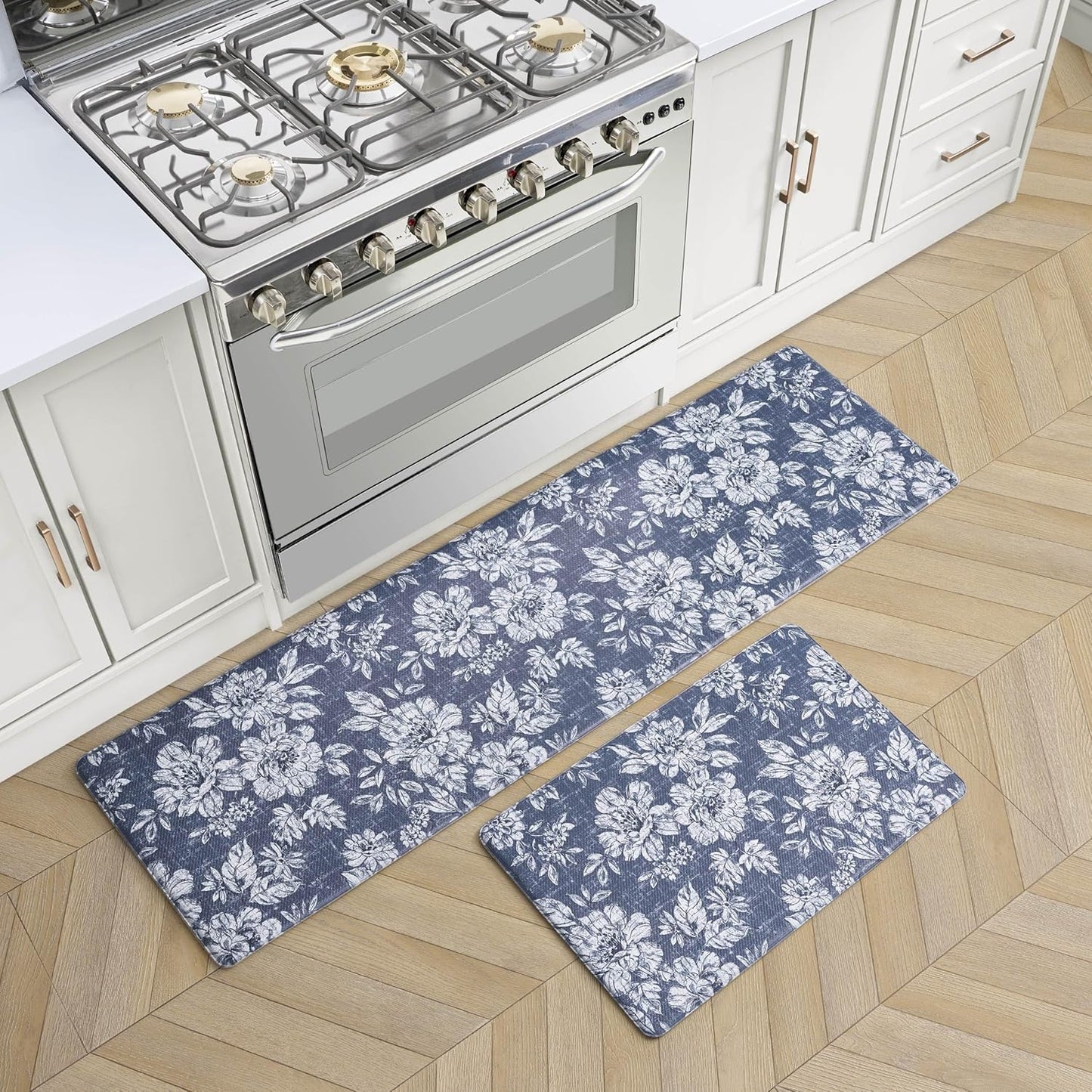Laura Ashley - Anti-Fatigue Kitchen Mat, Iris Floral Design, Stain, Water & Fade Resistant, Cooking & Standing Relief, Non-Slip Backing, 2 Piece Set: 17.5" x 60" / 17.5" x 28" Navy Iris