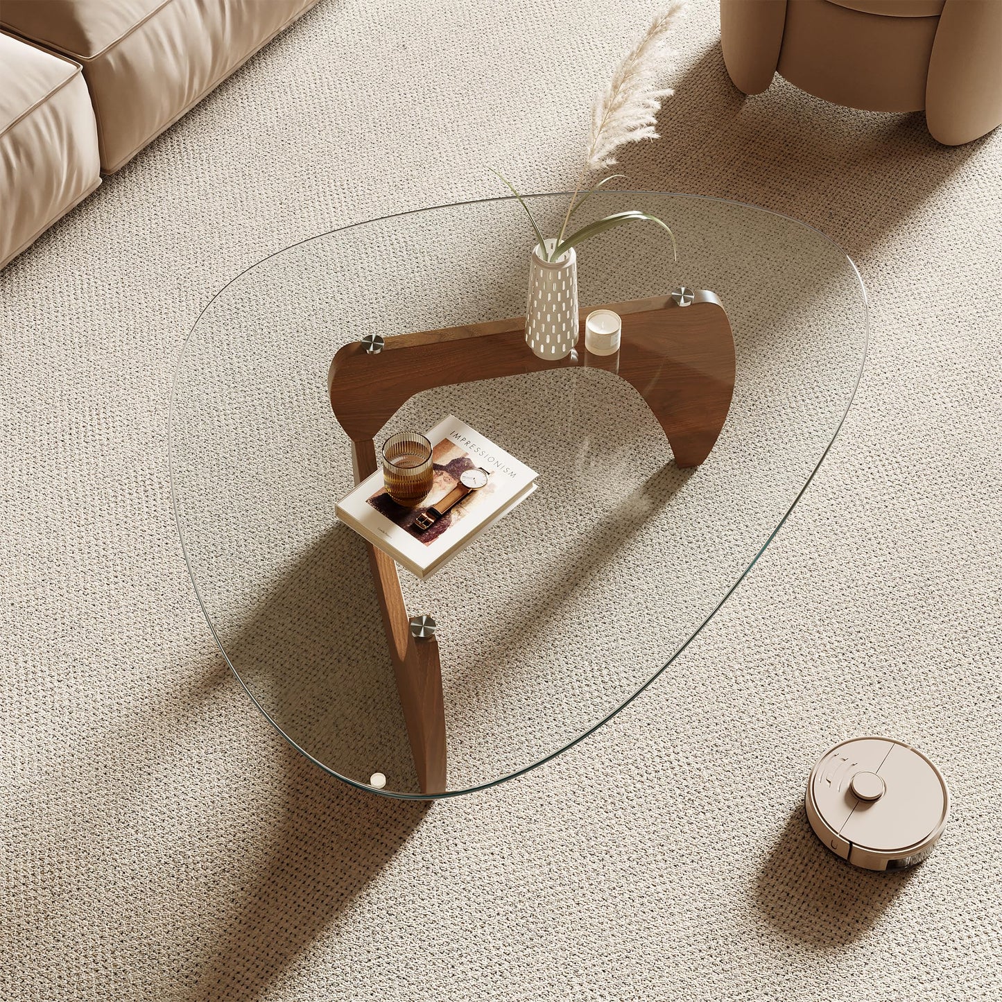Honyee Morden Coffee Table, 42.5" x 28.5" x 16.1" Triangle Tempered Glass Top for Living Room, Color: Natural Wood