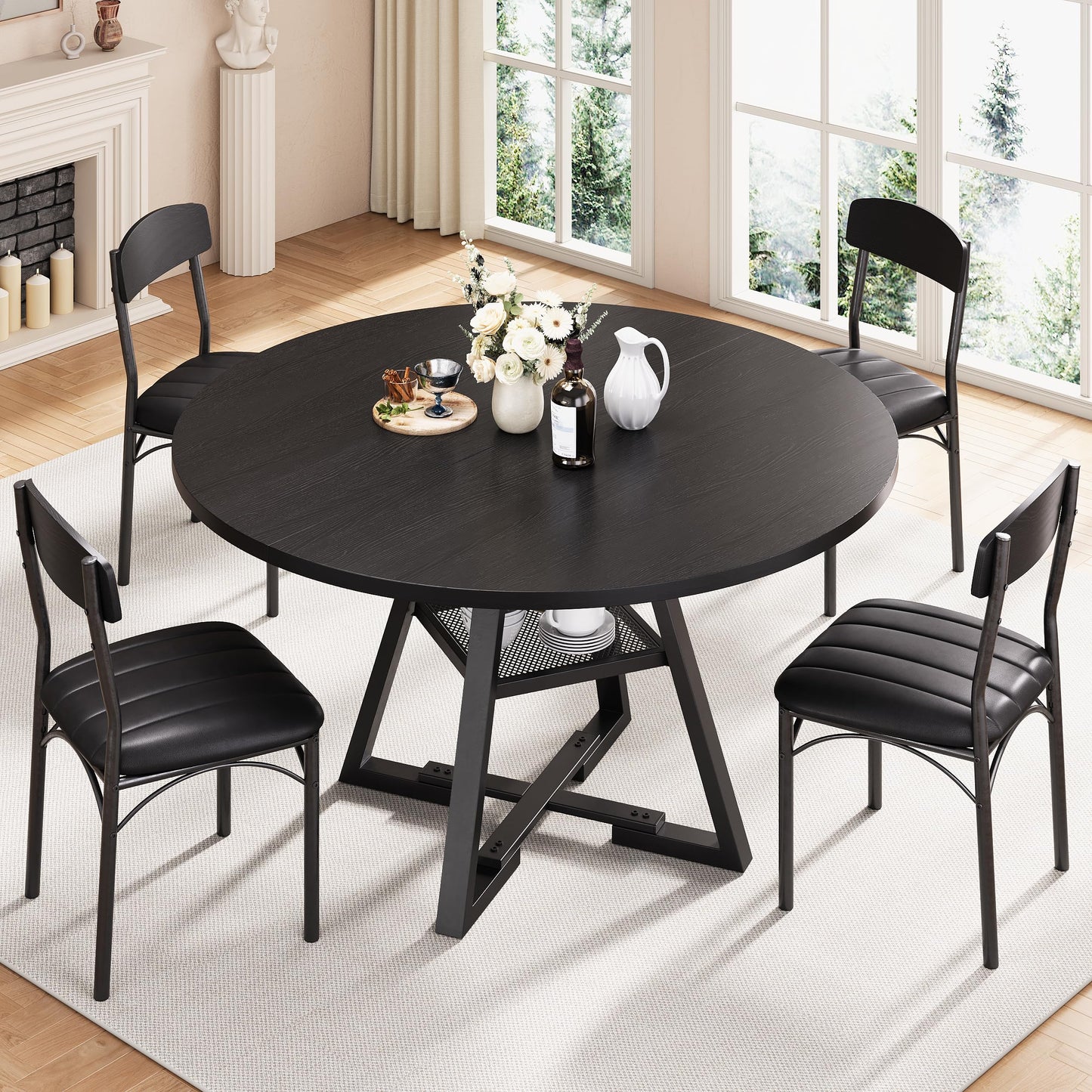 Round Dining Table Set for 4, Kitchen Table and Chairs for 4, Circle Table Round Pedestal Dining Room Dinner Dinette Table Set,5 Piece Space Saving Wood Kitchen & Dining Room Tables (Black, 47In)