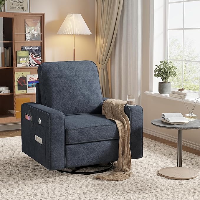 Swivel Square Accent Chair with Wide Armrests,360° Rotating Comfy Single Sofa Chairs with USB/Type-C,Cup Holder & Side Pocket,Modern Armchair for Living Room Bedroom Reading Lounge Nook,Blue | Swivel Accent Chair, with USB/Type-C, Cup Holder, Side Pocket
