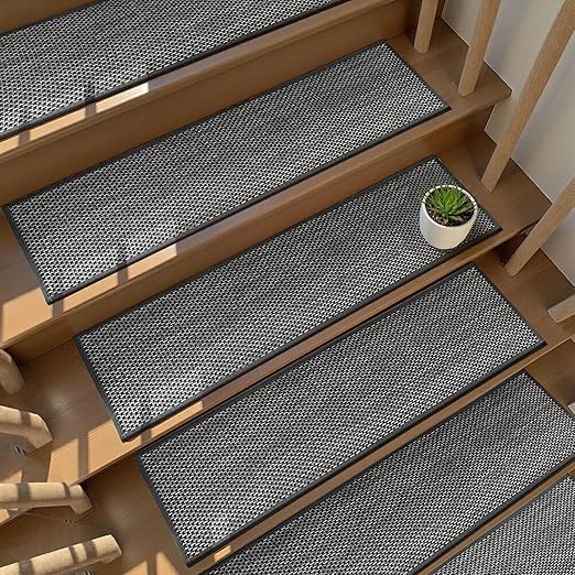 Natural Linen Stair Treads for Wooden Steps, 4 Pcs 8" x 30",Non Slip Stair Runner, Peel and Stick Carpet Indoor for Kids Elders and Pets (4, Black, 8" x 30")