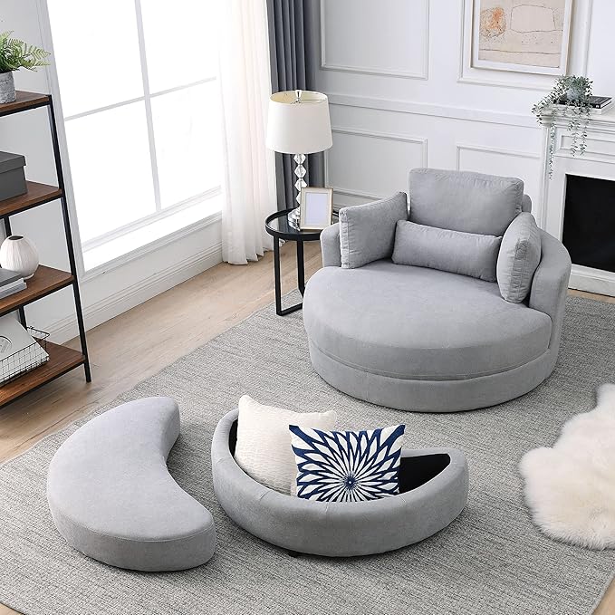 Yoglad Modern Swivel Accent Round Chair, Barrel Sofa with Storage Ottoman, Oversize Lounge Chair, Linen Fabric Round Chair with Pillows, for Living Room, Office (Light Grey, 51")