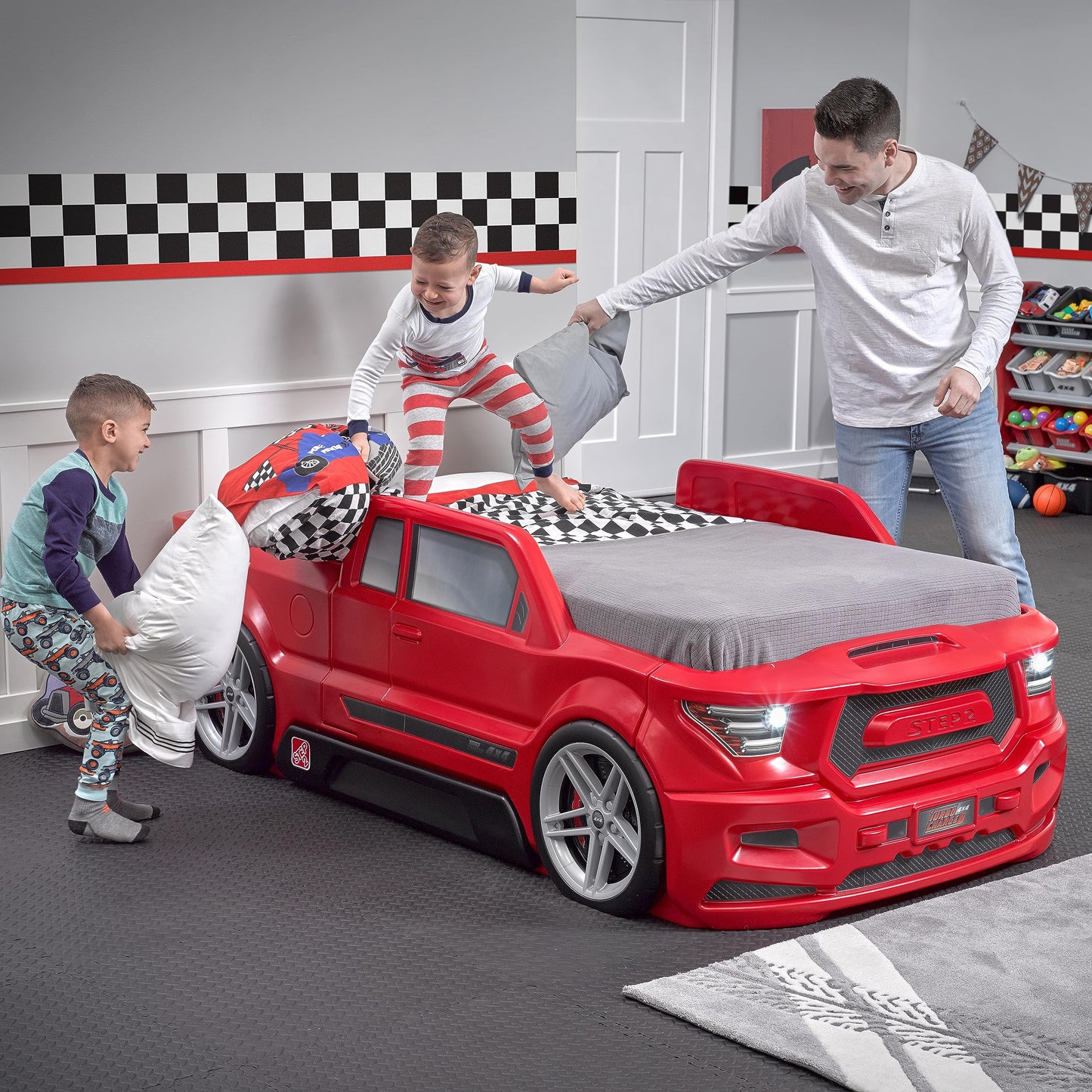 Step2 Turbocharged Twin Size Truck Car Bed, Car Bed for Boys & Girls, Working Headlights & Built-In Storage, Made of Durable Plastic, For Toddlers 3+ Years Old, Vibrant Red