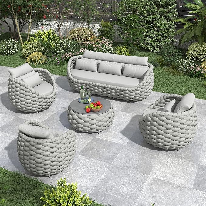 Erotr 5 Pieces Porch Patio Conversation Set: Hand Woven Rope, Rusrproof Aluminum Frame, Weather Resistant, Thick Cushions, No Assembly Furniture, Comfy Outdoor Sofa Set for Deck Yard Lawn Hotel - Gray
