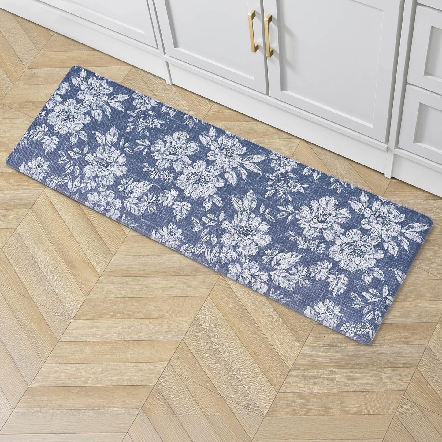 Laura Ashley - Anti-Fatigue Kitchen Mat, Iris Floral Design, Stain, Water & Fade Resistant, Cooking & Standing Relief, Non-Slip Backing, Measures 17.5" x 48", Navy Iris