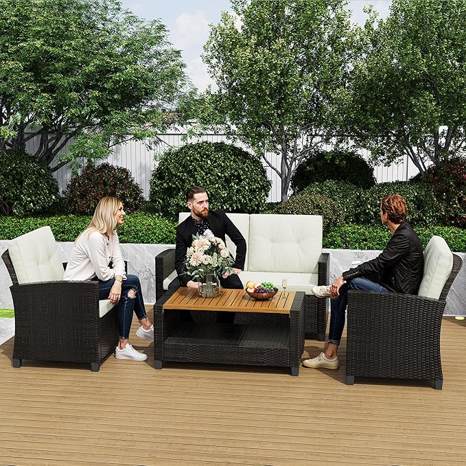 Wisteria Lane 4 Piece Patio Furniture Set, Wicker Outdoor Patio Conversation Furniture Set, All Weather Outdoor Patio Sofa with Cushion and Wood Table, Beige