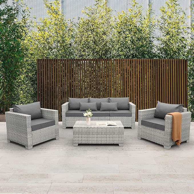 WAROOM Patio Furniture Set 4 Piece Wicker Conversation Sets PE Rattan Chair Outdoor Couch Sectional Sofa with Storage Table, Grey Cushion