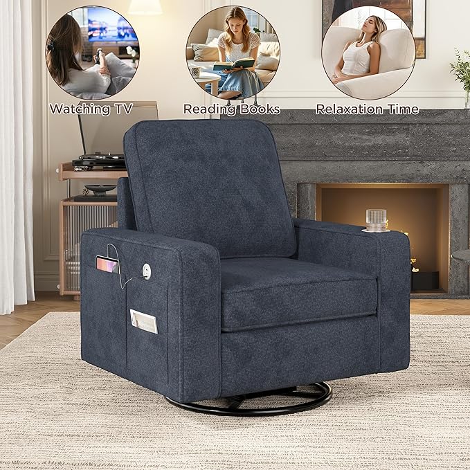 Swivel Square Accent Chair with Wide Armrests,360° Rotating Comfy Single Sofa Chairs with USB/Type-C,Cup Holder & Side Pocket,Modern Armchair for Living Room Bedroom Reading Lounge Nook,Blue | Swivel Accent Chair, with USB/Type-C, Cup Holder, Side Pocket