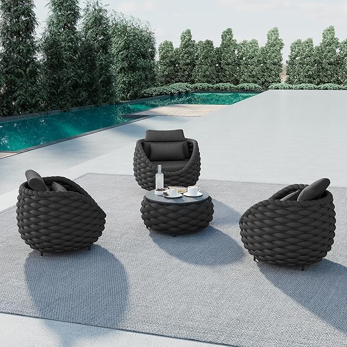 Erotr Balcony Furniture Set for Apartments: 4 Pieces Aluminum Woven Rope Patio Conversation Set - Modern Cushioned Lounge Chair Set - Assembled Porch Armchair for 400lbs Garden Lanai Hotel, Dark Grey