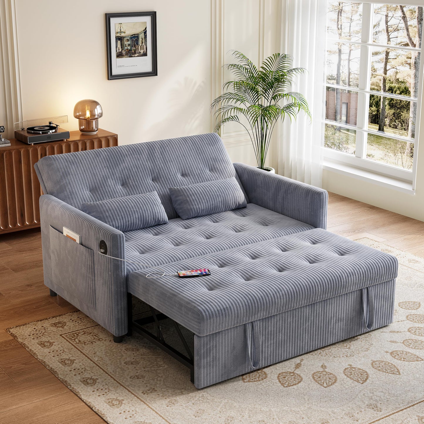 UXENAFANA Sofa Bed, Loveseat 3-in-1 Sleeper Sofa with Pull Out Bed, Pockets and USB, Modern 2 Seater Convertible Small Couch for Living Room Bedroom Apartment (Gray, Corduroy)
