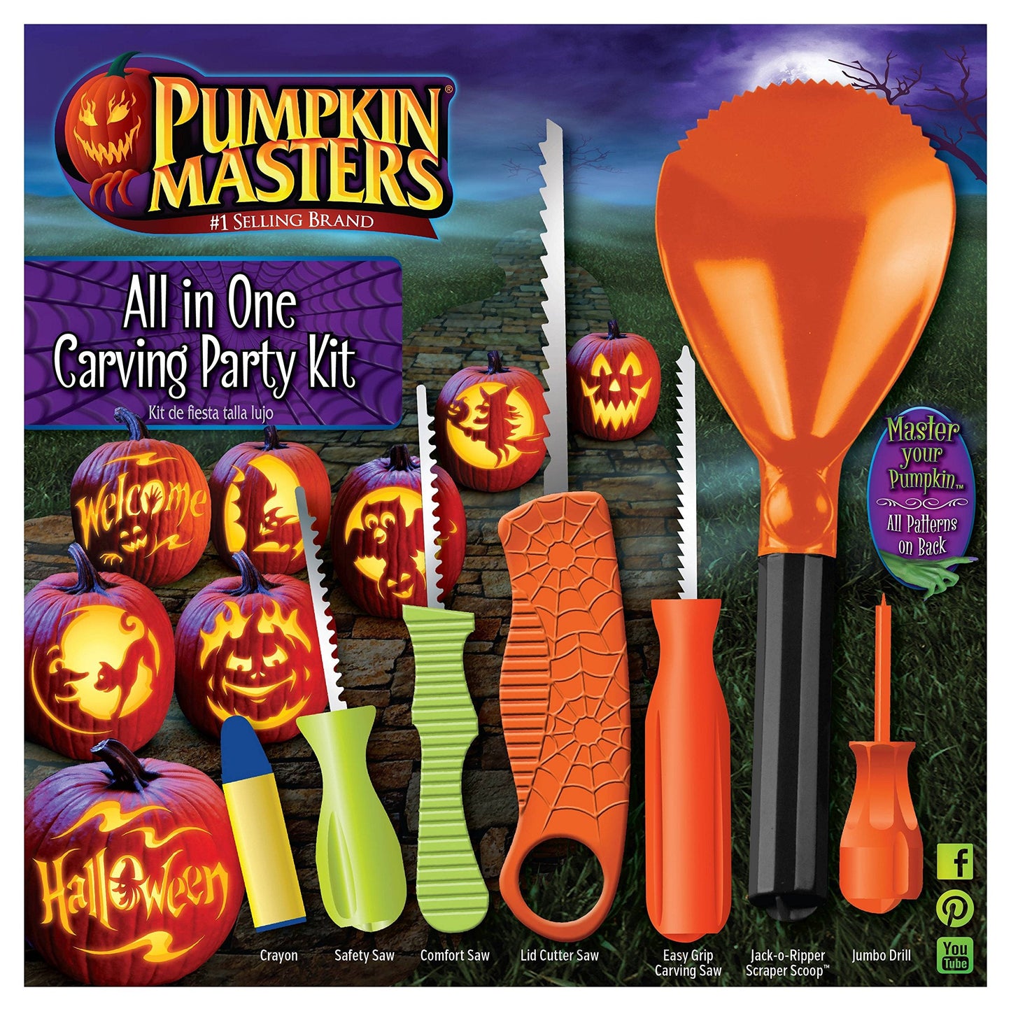 Pumpkin Masters Premium Carving All-in-One Party Kit – Large Handled Tools and Patterns for Ultimate Halloween Pumpkin Carving Experience