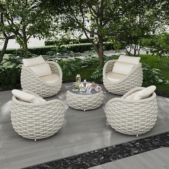 Erotr Woven Rope Patio Furniture Set: 5 Pieces Aluminum Outdoor Conversation Sofa Set All Weather - Cushioned Modern Deck Couch Set Assembled for 400lbs Front Porch Garden Lanai Sunroom Hotel, Beige