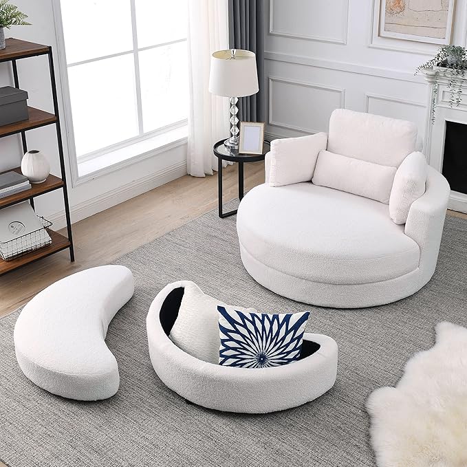 Yoglad Modern Swivel Accent Round Chair, Barrel Sofa with Storage Ottoman, Oversize Lounge Chair, Linen Fabric Round Chair with Pillows, for Living Room, Office (Lvory, 51")