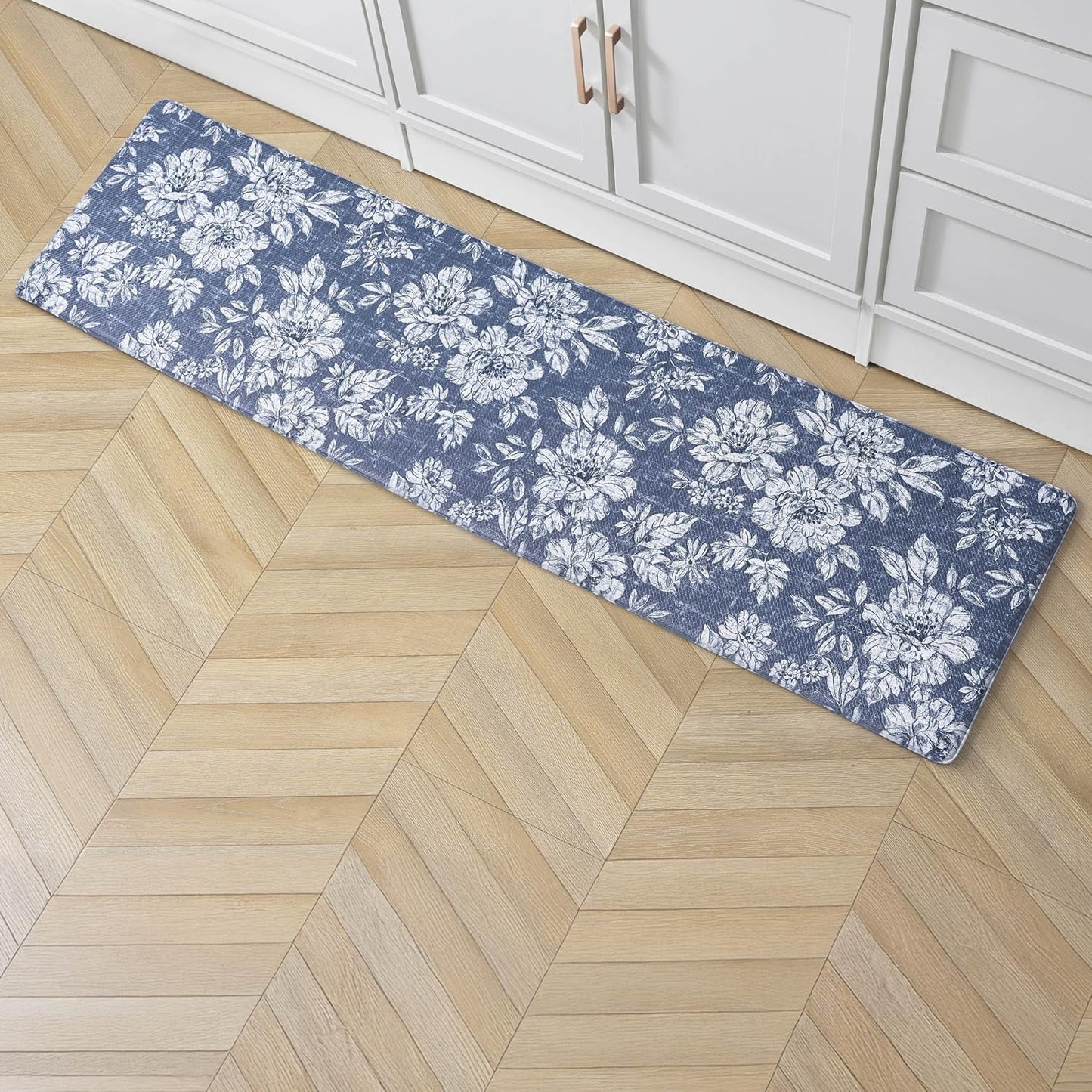 Laura Ashley - Anti-Fatigue Kitchen Mat, Iris Floral Design, Stain, Water & Fade Resistant, Cooking & Standing Relief, Non-Slip Backing, Measures 17.5" x 60", Navy Iris