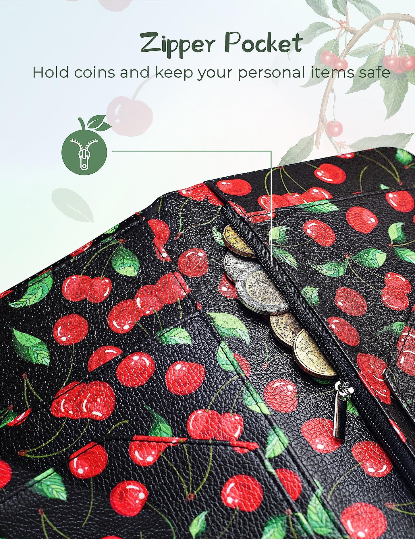 Mymazn 4.7 X 9 Cherry Server Book with Zipper Pocket Bling Waitress Book with Money Pocket and Magnetic Closure, Restaurant Waitstaff Organizer Fit Server Apron with High Volume Pocket