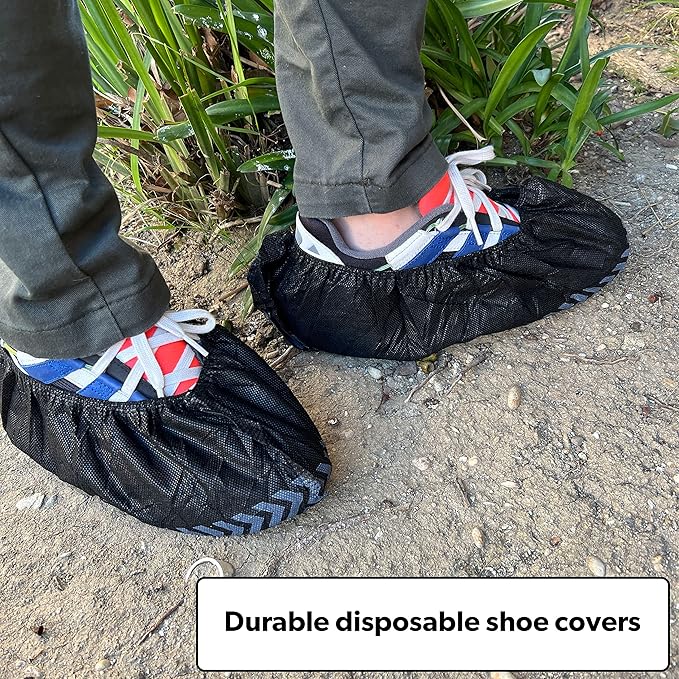 100 Pack Extra Large Black Shoe Covers Disposable. Non Slip Indoor Reusable Boot Covers. Booties with Non Skid Treads. Fits US Men's Size 14 and Women's 16