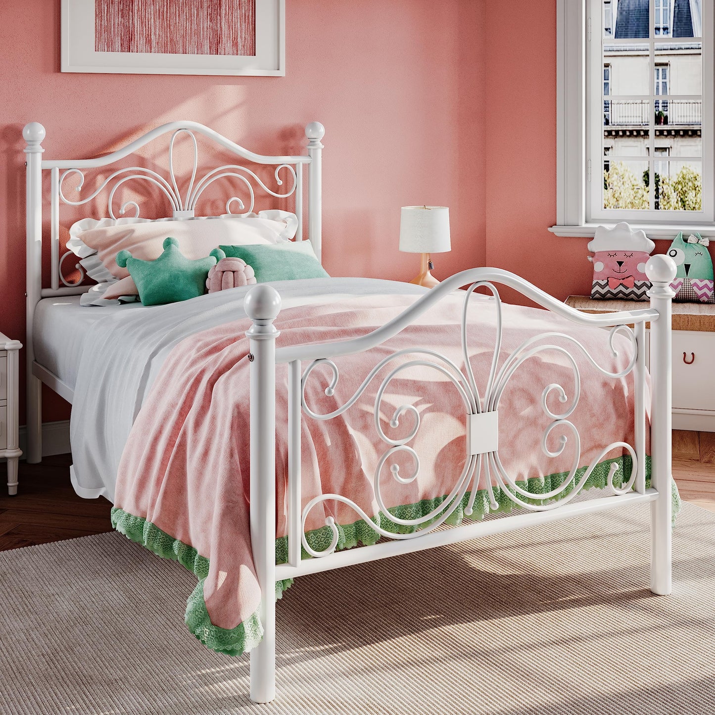 SHA CERLIN Twin Size Bed Frame for Kids,Metal Bed Frame with Butterfly Pattern Design Headboard & Footboard,No Box Spring Needed,Easy Assembly,White