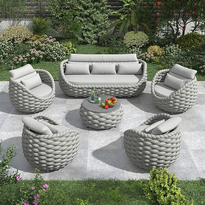 Erotr 6 Pieces Deck Patio Furniture Set: Hand Woven Rope, Rusrproof Aluminum Frame, Weather Resistant, Thick Cushions, No Assembly, Comfy Outdoor Conversation Sofa Set for Porch Yard Lawn Hotel - Gray