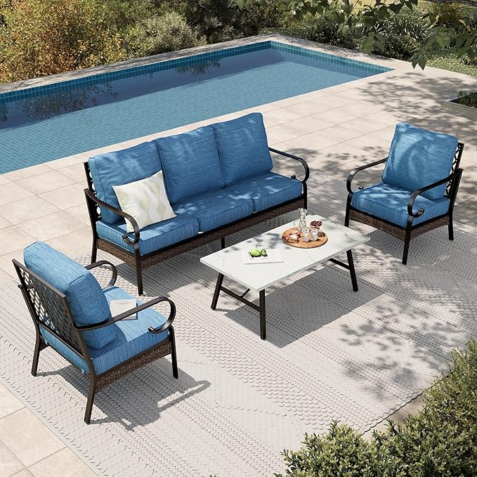 HERA'S HOUSE 4 Piece Metal Patio Furniture Set, All Weather Outdoor Conversation Set with 3 Seat Sofa, 2 x Cushioned Fixed Chairs & Coffee Table, Seats 5 for Backyard, Garden, Deck, Pacific Blue
