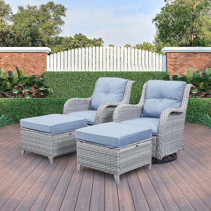 Belord 5 Piece Outdoor Patio Furniture Set - Wicker Furniture Patio Conversation Set, Outdoor Swivel Rocker Chairs with 3-Seater Sofa and 2 Ottomans for Small Space, Baby Blue Cushion