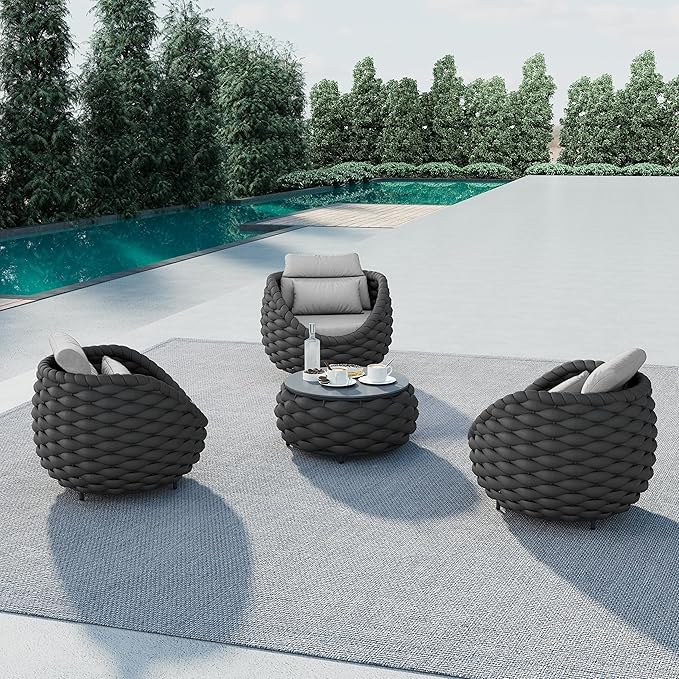 Erotr 4 Pieces Balcony Seating Set: Aluminum Woven Rope Patio Chair Furniture Set - All Weather Metal Outdoor Conversation Set - Assembled Armchair with Table for Bistro Deck Porch Apartment Hotel