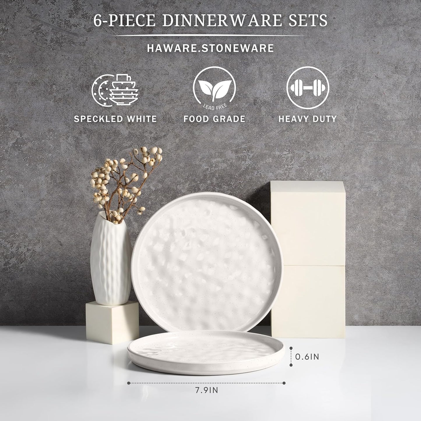 HaWare Stoneware Plates Set of 6, 7.9" Salad Plates, Reactive Glaze Ripple Ceramic Dish Set for Appetizer, Dessert, Scratch Resistant, Small Dinner Plate, Microwave and Dishwasher Safe, Speckled White