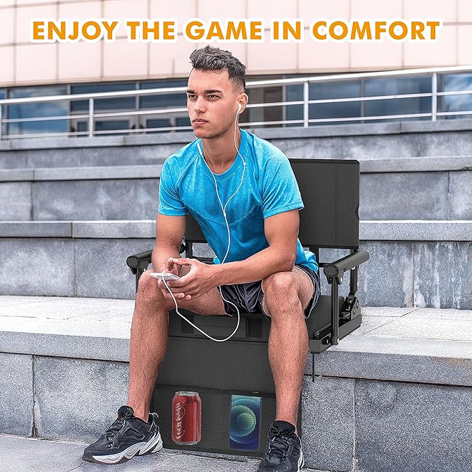 Stadium Seats for Bleachers with Back Support, 600 Lbs Rated with Lightweight Soft Comfort Cushion, Stadium Seating for Bleachers with Adjustable Back Support and Shoulder Strap (Black)
