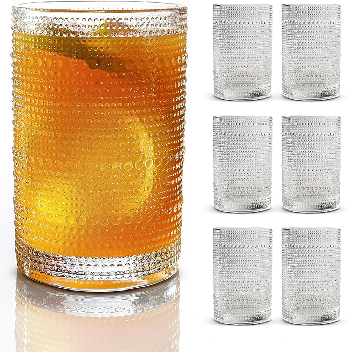 Hobnail Drinking Glasses, Vintage Glassware Set of 6, Vintage Drinking Glasses 16.2 oz, Bubble Glasses Drinking, Hobnail G...