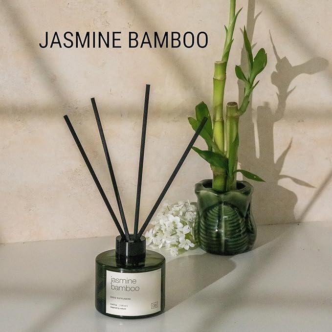 Craft & Kin Bamboo & Jasmine Christmas Reed Diffuser | All Natural Essential Oil & Rattan Scent Sticks | Holiday Reed Diffusers for Home, Bathroom | Long Lasting Home Fragrance in Green Glass, 3.4oz