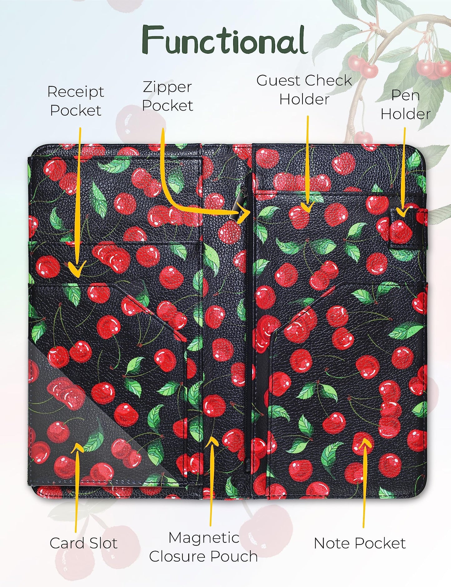Mymazn 4.7 X 9 Cherry Server Book with Zipper Pocket Bling Waitress Book with Money Pocket and Magnetic Closure, Restaurant Waitstaff Organizer Fit Server Apron with High Volume Pocket