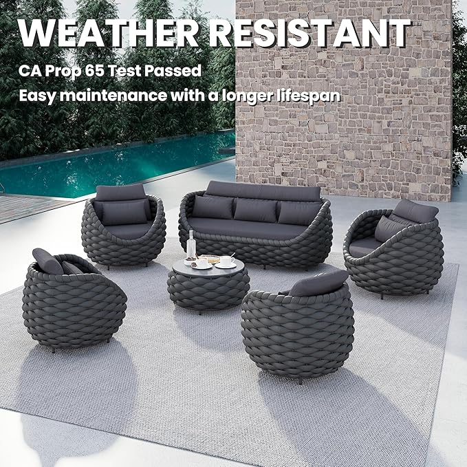 Erotr 6 Pieces Rope Patio Furniture Set: Aluminum Outdoor Couch Set Cushioned - Assembled Porch Conversation Sofa Set Modern - Metal Patio Seating for 7 Person Deck Garden Poolside Hotel, Dark Gray