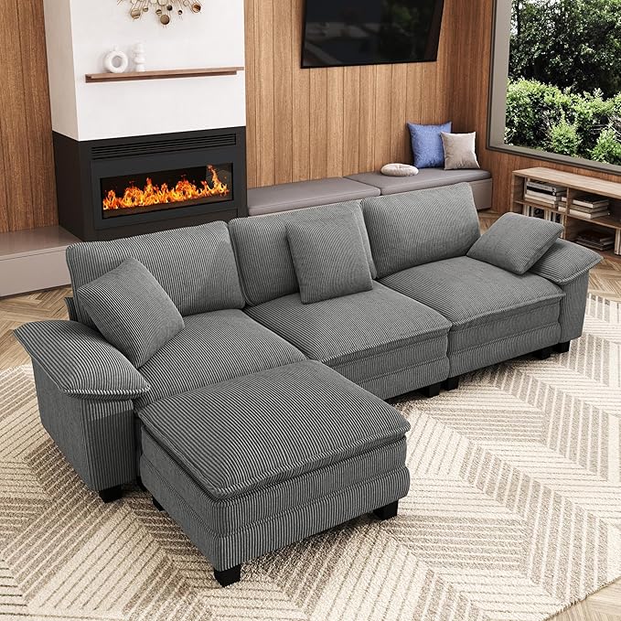 MIXPATIO 123-Inch L Shaped Sectional Sofa with Cloud Cushions, Deep Seat Modular Couch Set w/ 4 Seats & 1 Ottomans, Removable Arms, Plush Corduroy Upholstery for Living Room, Apartment - Gray