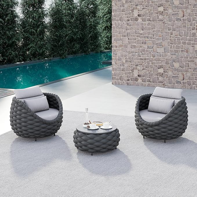 Erotr 3 Pieces Balcony Seating Set: Aluminum Woven Rope Patio Chair Furniture Set - All Weather Metal Outdoor Conversation Set - Assembled Armchair with Table for Bistro Deck Porch Apartment Hotel