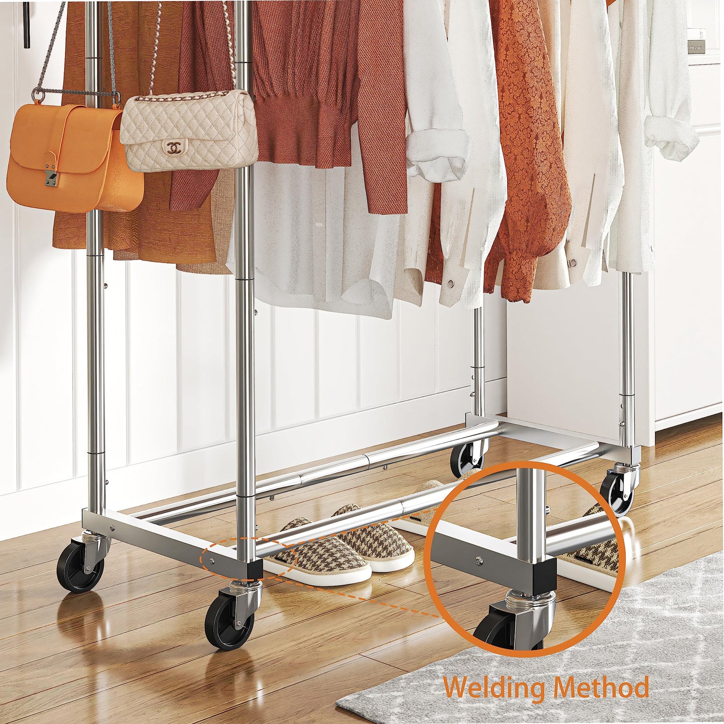 Simple Trending Double Rod Clothing Garment Rack, Rolling Clothes Organizer on Wheels for Hanging Clothes,with 4 hooks, Chrome