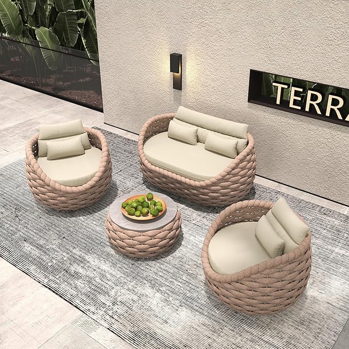 ercimi Outdoor 4 PCS Patio Conversation Set, All-Weather Wicker Patio Couch Sofa with Waterproof Thick Cushion Coffee Table for Porch, Balcony Mocha